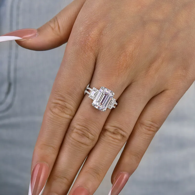 5ct Emerald Cut Three Stone White Gemstone Engagement Ring