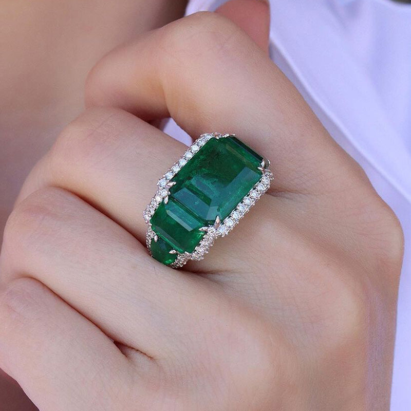 13ct Emerald Cut Pavé Green Gemstone Engagement Ring