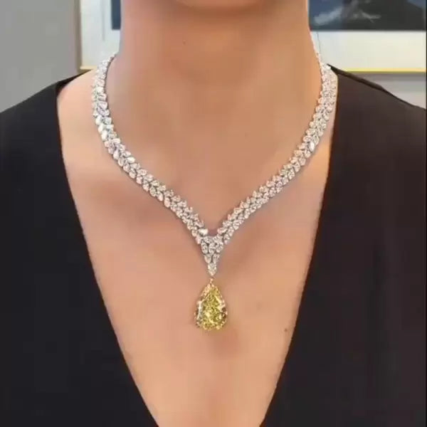 26ctw Pear Cut Elegant Pave Set Yellow Gemstone Necklace