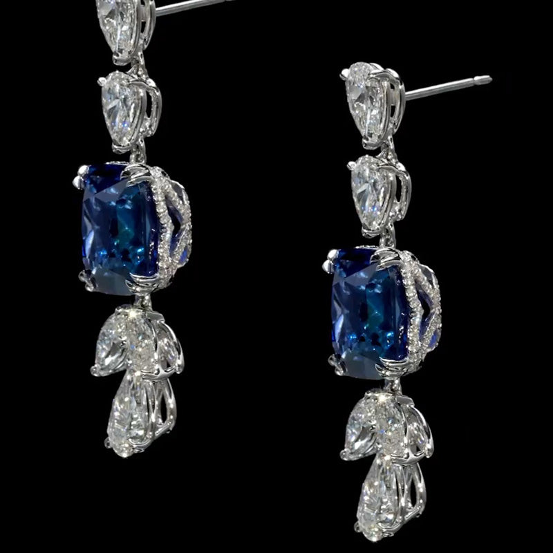 20ctw Cushion Cut Royal Blue Gemstone Drop Earrings