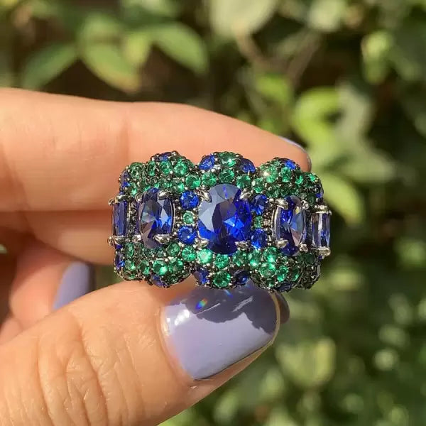 12ctw Blue Oval Cut and Green Round Cut Two Tone Pave Set Ring