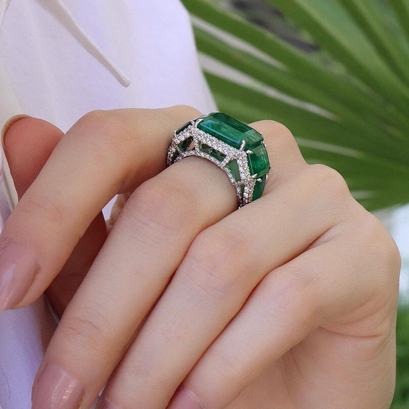 13ct Emerald Cut Pavé Green Gemstone Engagement Ring