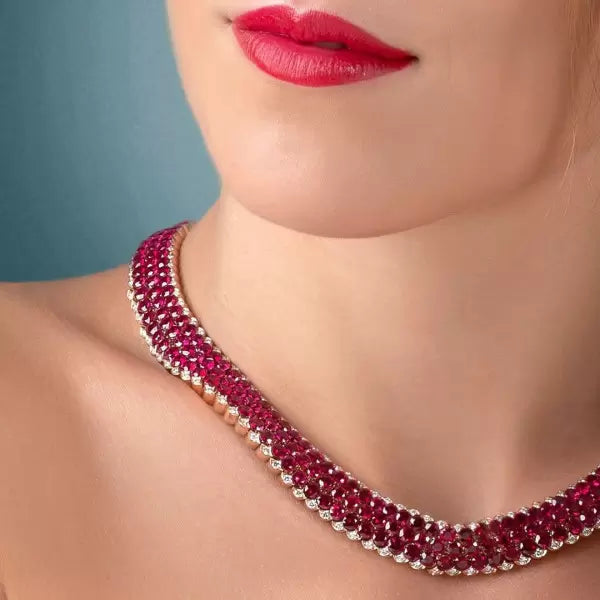 Round Cut Vintage Ruby Pave Set Necklace-JOSHINY