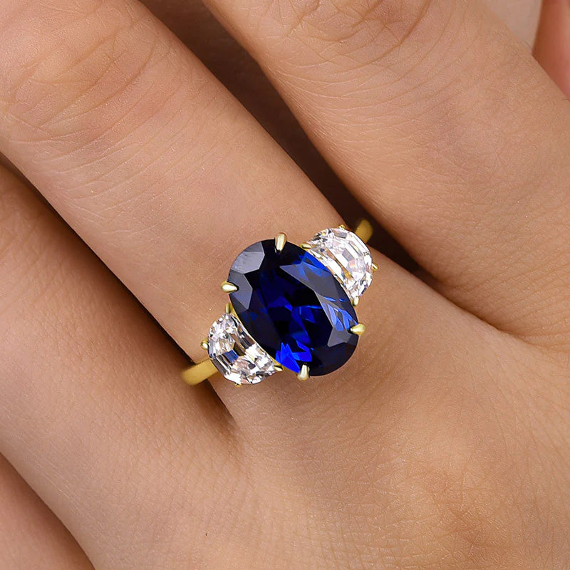 3 ctw Oval Cut Blue Stone Three Stone Engagement Ring