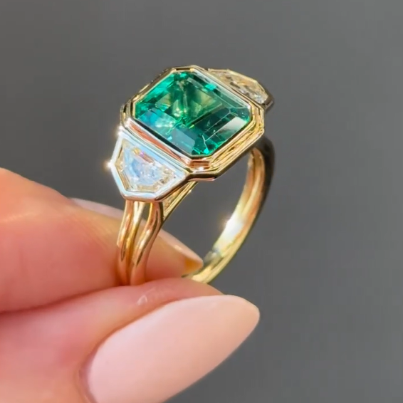 6 ctw Emerald Cut Emerald 3-Stone Gold Ring -JOSHINY