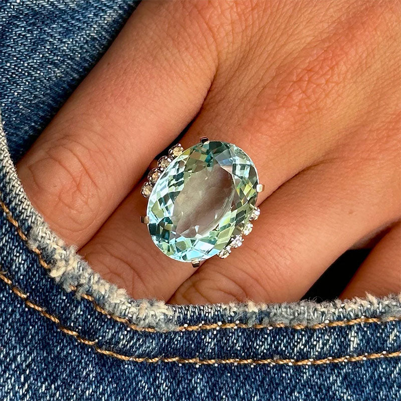 11ct Oval Cut Aquamarine Vintage Cocktail Diamond Ring -JOSHINY