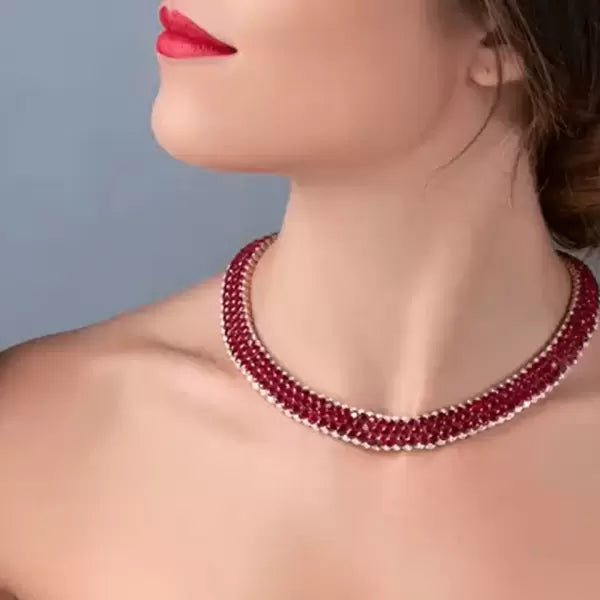 Round Cut Vintage Ruby Pave Set Necklace-JOSHINY