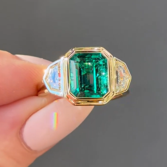 6 ctw Emerald Cut Emerald 3-Stone Gold Ring -JOSHINY