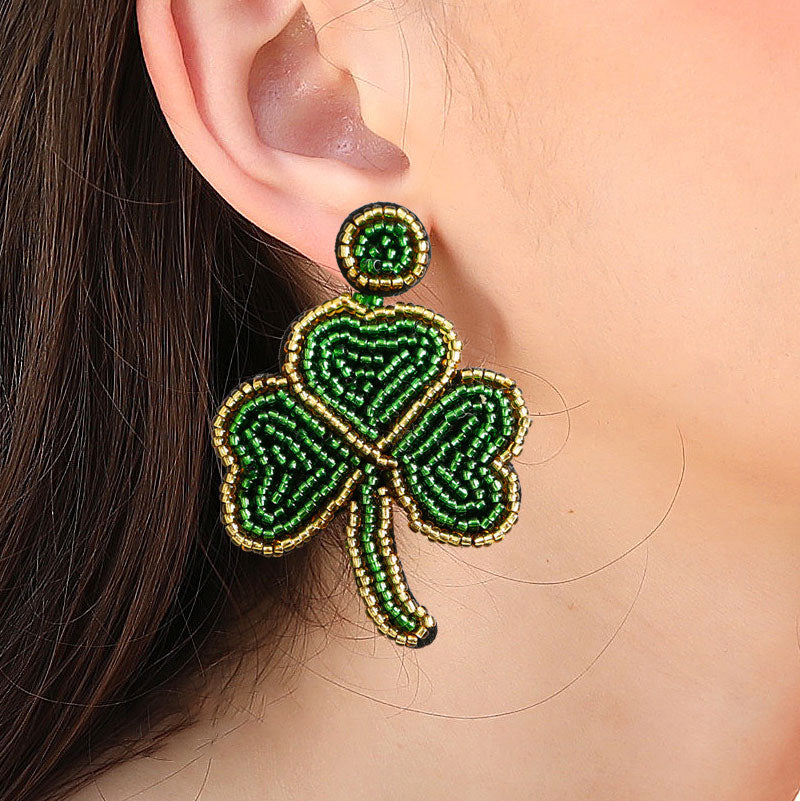 Small Fresh Green Shamrock Rice Bead Earrings -JOSHINY