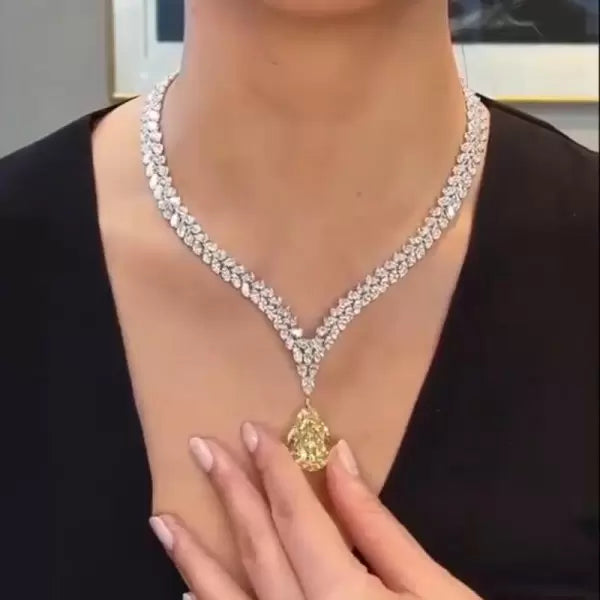 26ctw Pear Cut Elegant Pave Set Yellow Gemstone Necklace
