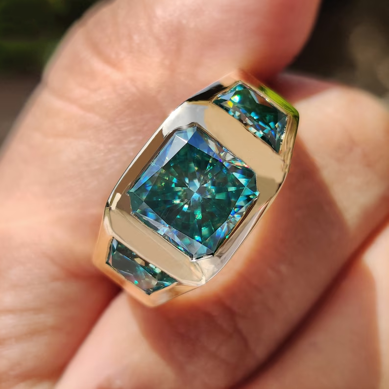 Vintage Three Stone 7 ctw Radiant Cut Blue Green Gemstone Ring -JOSHINY