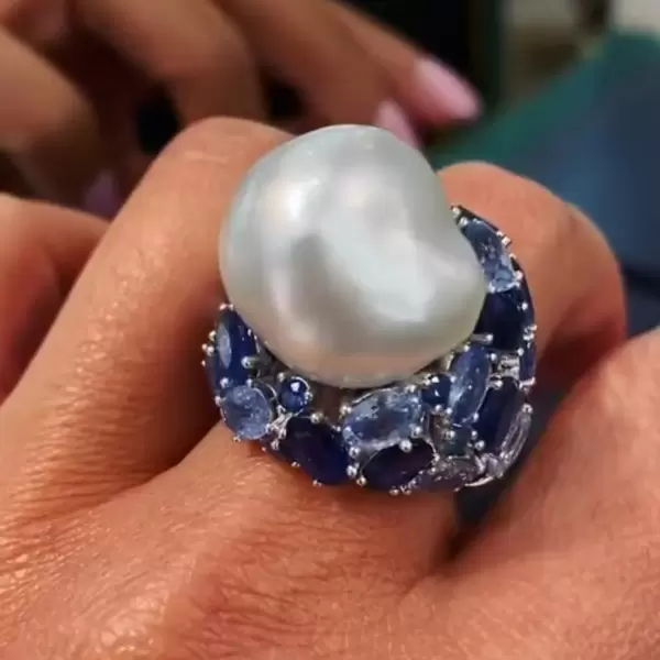 Unique Irregular Pearl Blue Gemstone Diamond Ring