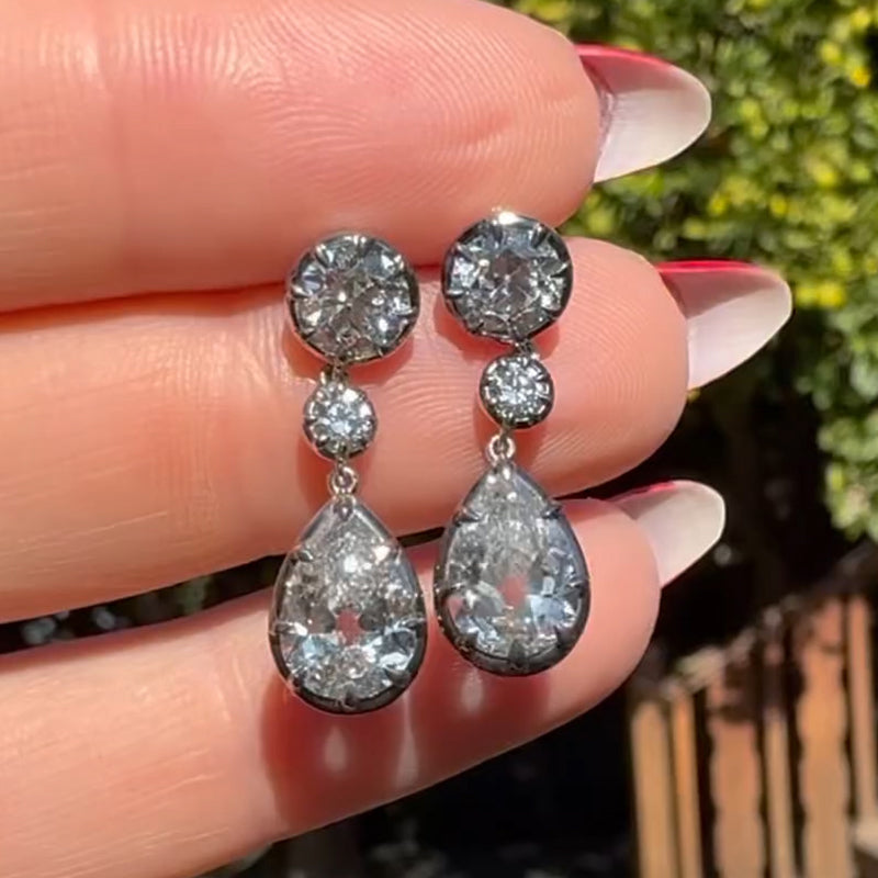 10.64ctw Vintage Style Pear Shaped Three Stone Diamond Drop Earrings -JOSHINY