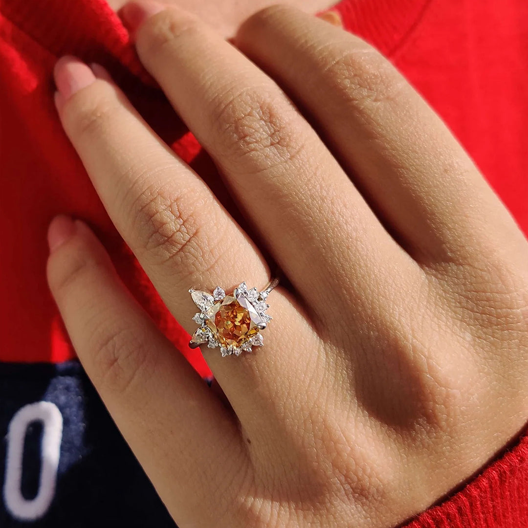 1.9ct Orange Cushion Cut Vintage Style Flower Engagement Ring