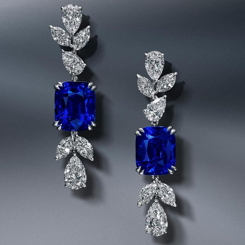 20ctw Cushion Cut Royal Blue Gemstone Drop Earrings