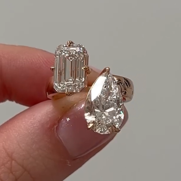 10 ctw Emerald&Pear Cut White Gemstone Twin Stone Engagement Ring -JOSHINY