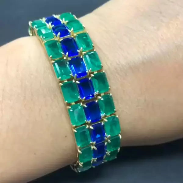 45ctw Emerald and Tanzanite Blue Gemstone Three-row Bracelet