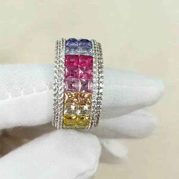 6.2ctw Rainbow Multicolor Gemstone Princess Square Cut Ring