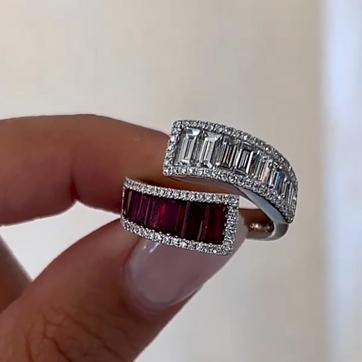 3ctw Baguette Cut Ruby And White Stone Bypass Diamond Ring -joshiny