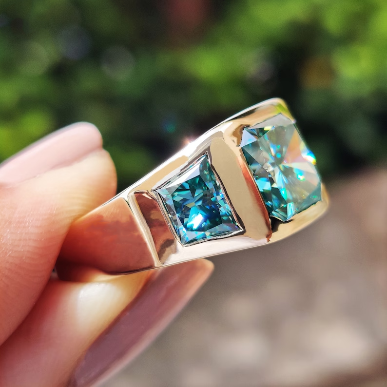 Vintage Three Stone 7 ctw Radiant Cut Blue Green Gemstone Ring -JOSHINY