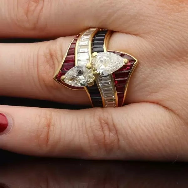 Tricolor Vintage Pear Cut Ruby and Sapphire Ring