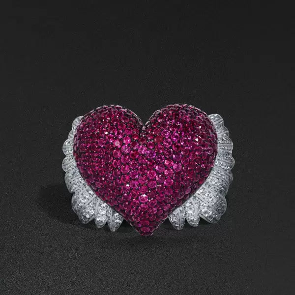 5.8 ctw Angel Wings Ruby Round Cut Heart Ring