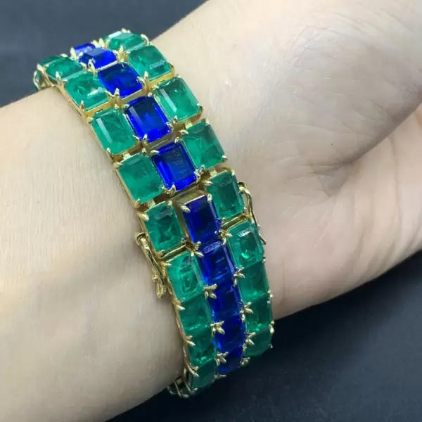 45ctw Emerald and Tanzanite Blue Gemstone Three-row Bracelet