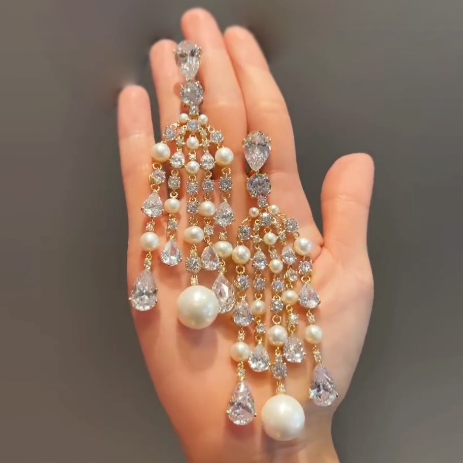 Fantasy 10 ctw Pear&Round Cut White Gemstone & Pearl Chandelier Earrings -JOSHINY