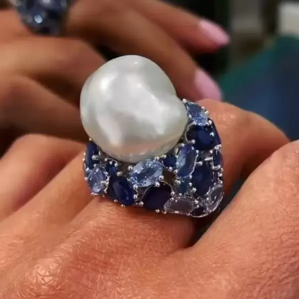 Unique Irregular Pearl Blue Gemstone Diamond Ring