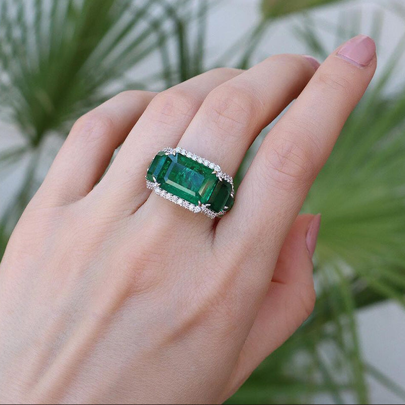 13ct Emerald Cut Pavé Green Gemstone Engagement Ring