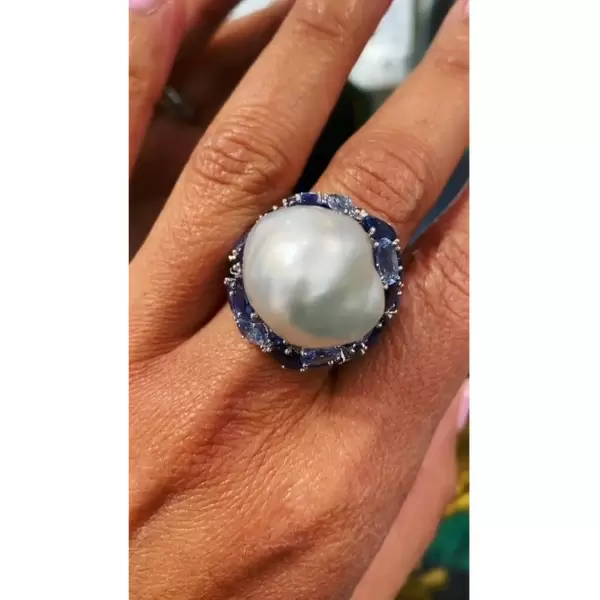 Unique Irregular Pearl Blue Gemstone Diamond Ring