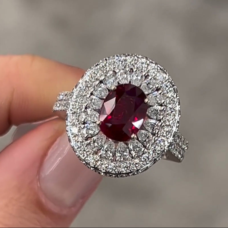 3.6ct Oval Cut Red Gemstone Pave Engagement Ring -joshiny