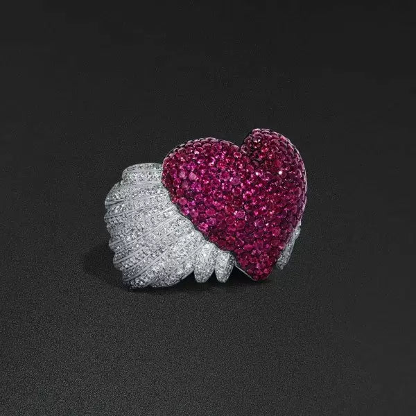 5.8 ctw Angel Wings Ruby Round Cut Heart Ring