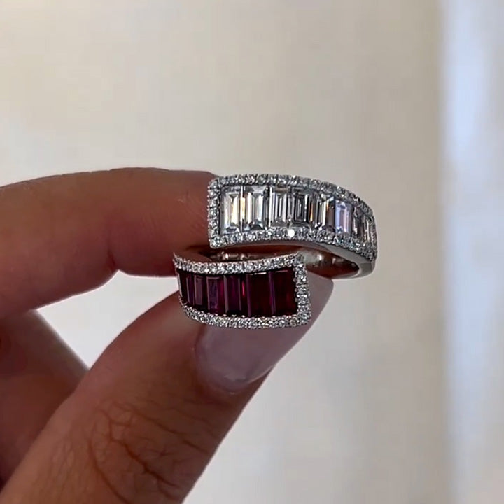 3ctw Baguette Cut Ruby And White Stone Bypass Diamond Ring -joshiny