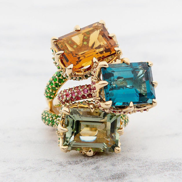 8 ctw Emerald Cut Multicolor Gemstone Paved Cocktail Ring -JOSHINY