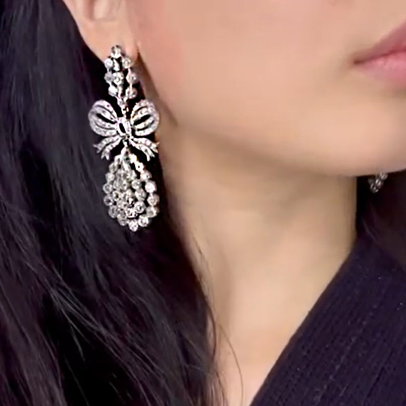 Luxurious Vintage 7ctw Round Cut White Gemstone Bow Earrings -joshiny