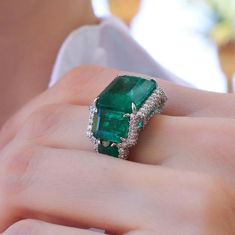 13ct Emerald Cut Pavé Green Gemstone Engagement Ring