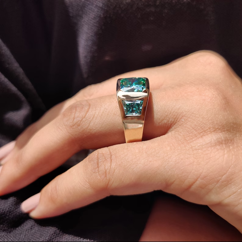 Vintage Three Stone 7 ctw Radiant Cut Blue Green Gemstone Ring -JOSHINY