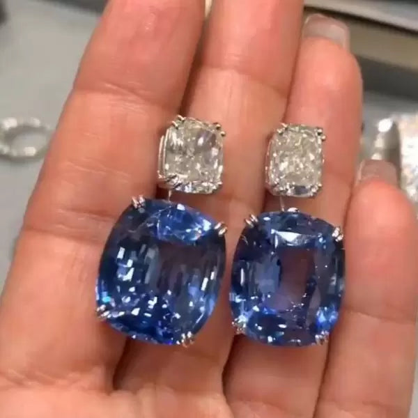 32ctw Blue Gemstone Cushion Cut Dangle Earrings