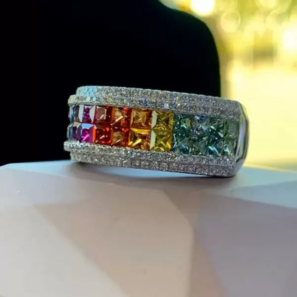 6.2ctw Rainbow Multicolor Gemstone Princess Square Cut Ring