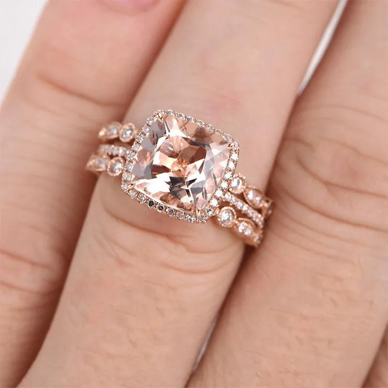 4 ctw Cushion Cut Pink Morganite 3PC Wedding Band Set