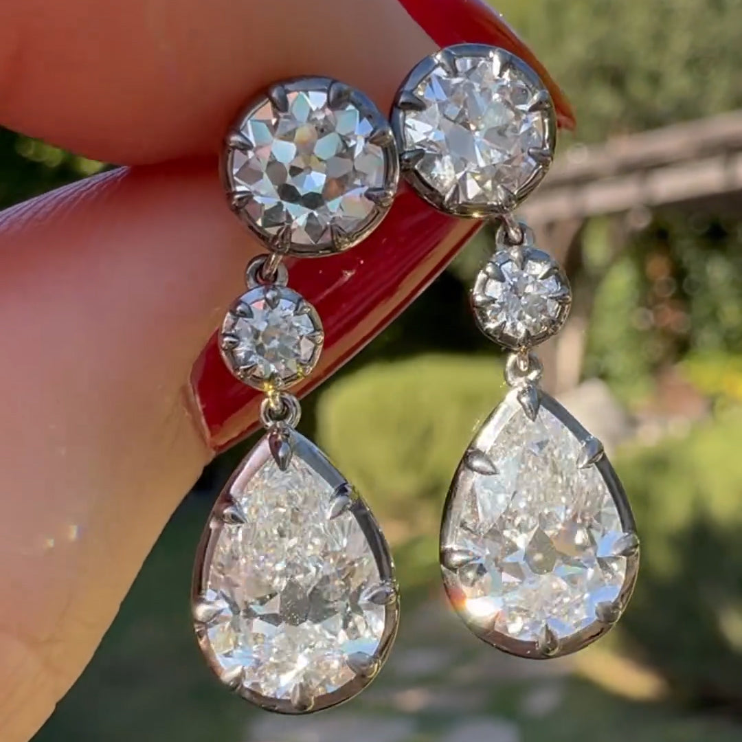 10.64ctw Vintage Style Pear Shaped Three Stone Diamond Drop Earrings -JOSHINY