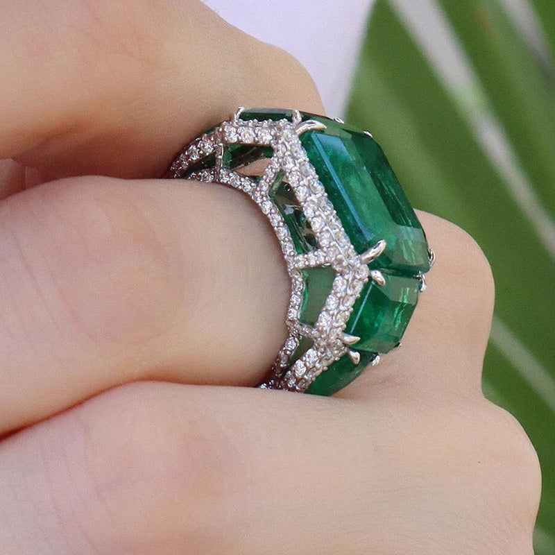 13ct Emerald Cut Pavé Green Gemstone Engagement Ring