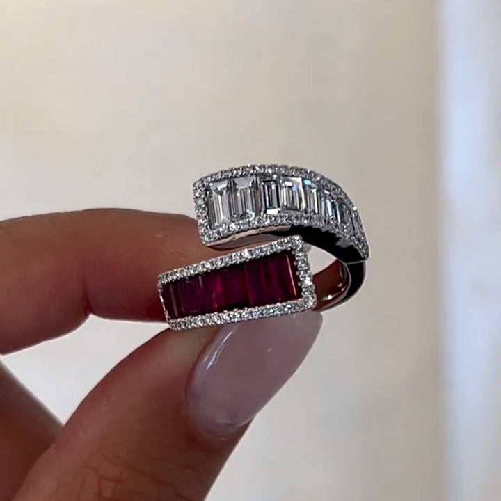 3ctw Baguette Cut Ruby And White Stone Bypass Diamond Ring -joshiny