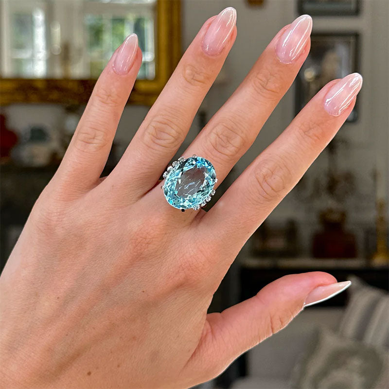 11ct Oval Cut Aquamarine Vintage Cocktail Diamond Ring -JOSHINY