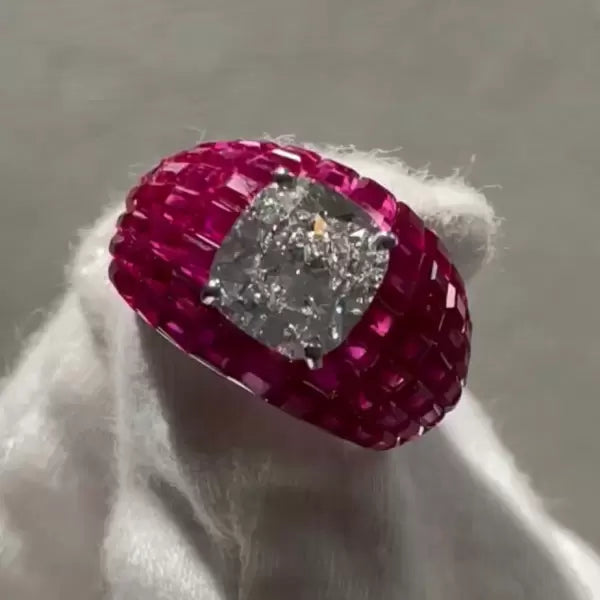 5 ctw Invisible Set Ruby And White Gemstone Cushion Cut Ring