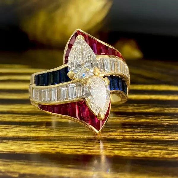 Tricolor Vintage Pear Cut Ruby and Sapphire Ring