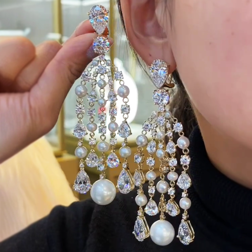 Fantasy 10 ctw Pear&Round Cut White Gemstone & Pearl Chandelier Earrings -JOSHINY