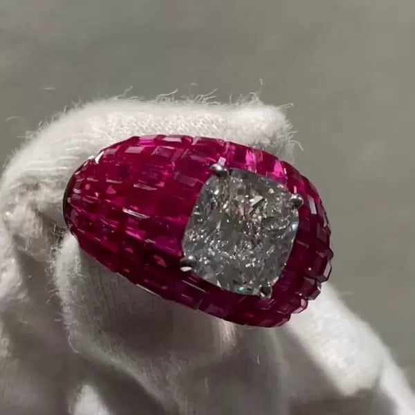 5 ctw Invisible Set Ruby And White Gemstone Cushion Cut Ring