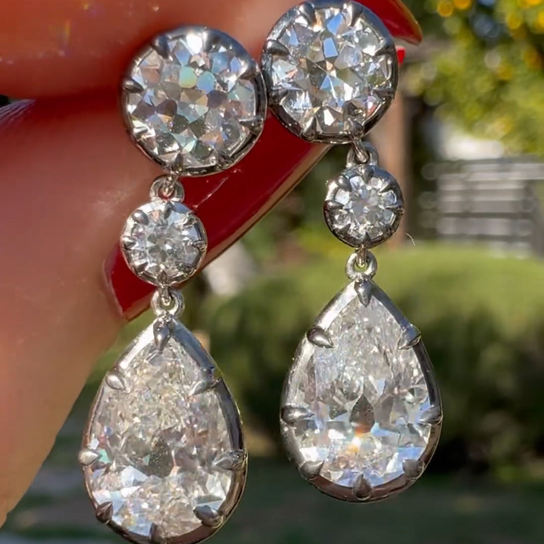 10.64ctw Vintage Style Pear Shaped Three Stone Diamond Drop Earrings -JOSHINY